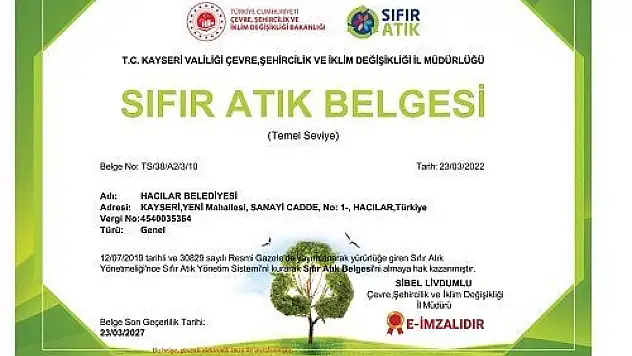  Hacılar Belediyesi sıfır atık belgesi aldı