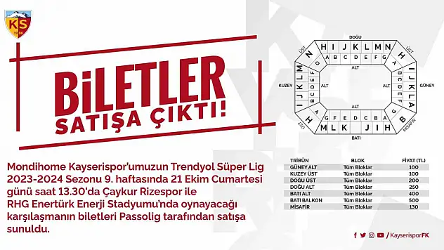 Kayserispor - Çaykur Rizespor maçı biletleri kaç TL?