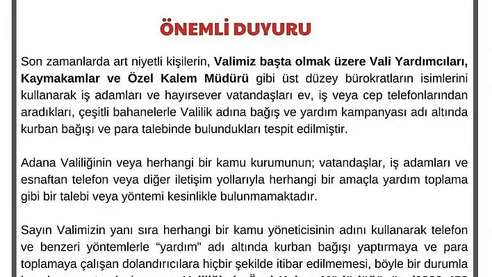 Adana Valiliği, Bayram Öncesi Vatandaşları Uyardı!