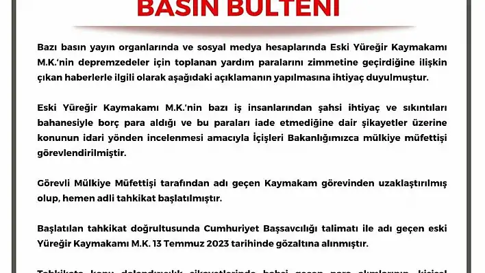 Adana Valiliğinden gözaltına alınan kaymakam ile ilgili açıklama geldi