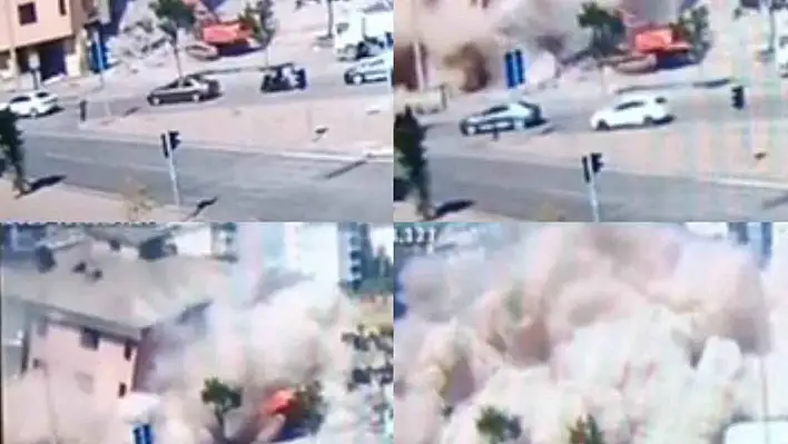 Binanın iş makinesinin üzerine çöktüğü anlar anbean kaydedildi