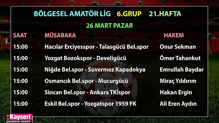 Bölgesel Amatör Lig'de 21.hafta maçlarının hakemleri açıklandı