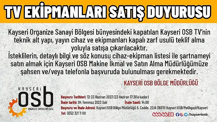 OSB TV'nin ekipmanları satışa çıkarılıyor