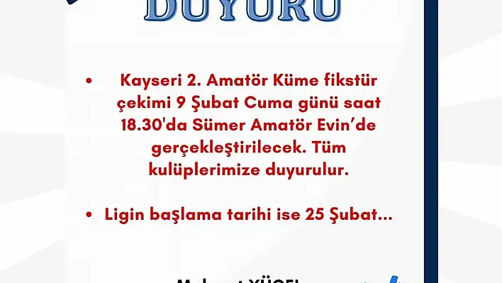 Kayseri'de İkinci Amatör Küme fikstürü yarın çekilecek