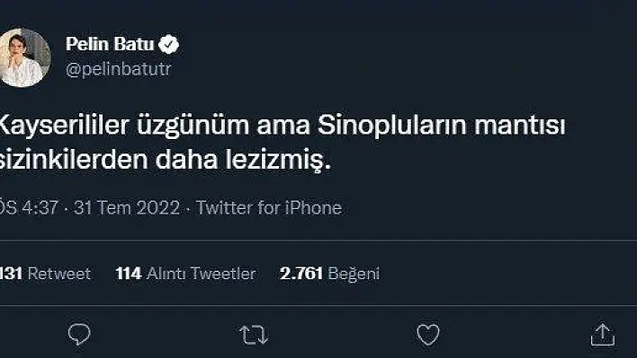 Oyuncu Pelin Batu 'dan Kayserilileri üzecek paylaşım