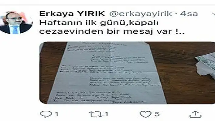 Melikgazi Kaymakamı, cezaevinden gelen mektubu paylaştı  