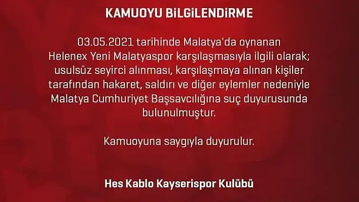 Kayserispor, suç duyurusunda bulundu