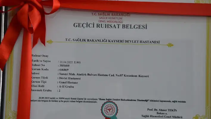  Kayseri Devlet Hastanesi A sınıfı hastane kategorisine yükseldi