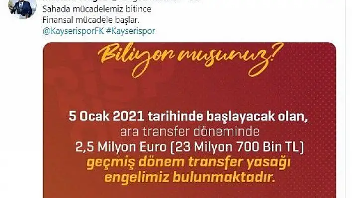 Tokgöz: 'Kayserispor'un transfer yasağı bulunuyor'