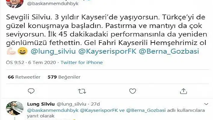 Büyükkılıç 'tan Lung 'a Gel Fahri Kayserili Hemşehrimiz ol