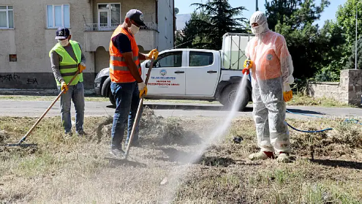 Talas Belediyesi bina bahçelerini temizliyor