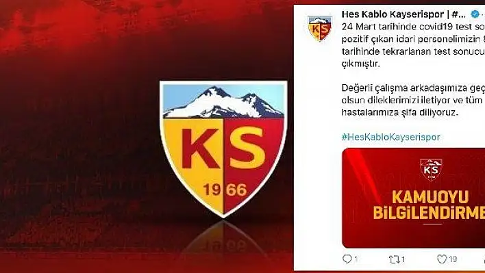 Kayserispor'da idari personelin ikinci koronavirüs testi negatif çıktı