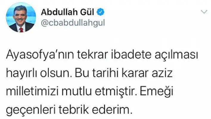 Abdullah Gül'den Ayasofya kararına destek