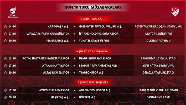 Ziraat Türkiye Kupası son 16 Turu programı açıklandı