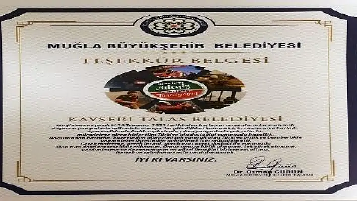 Muğla Belediyesi'nden Talas'a 'yangına müdahale' teşekkürü