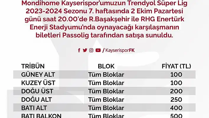 Kayserispor-Başakşehir maçı bilet fiyatları açıklandı