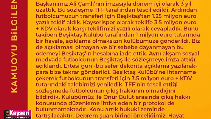 Kayserispor'dan Onur Bulut açıklaması