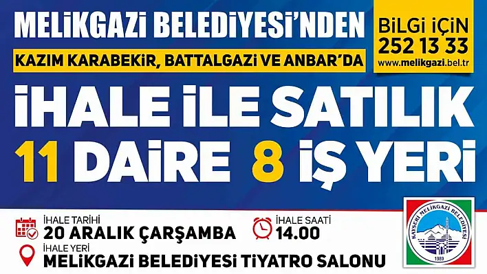 Melikgazi'de daire ve iş yerleri ihale ile satışa çıkacak