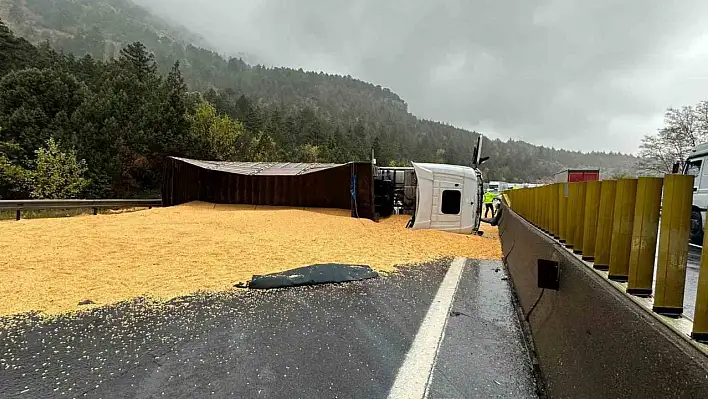 Otoyolda tır yan yattı, yol tahıl ile kaplandı