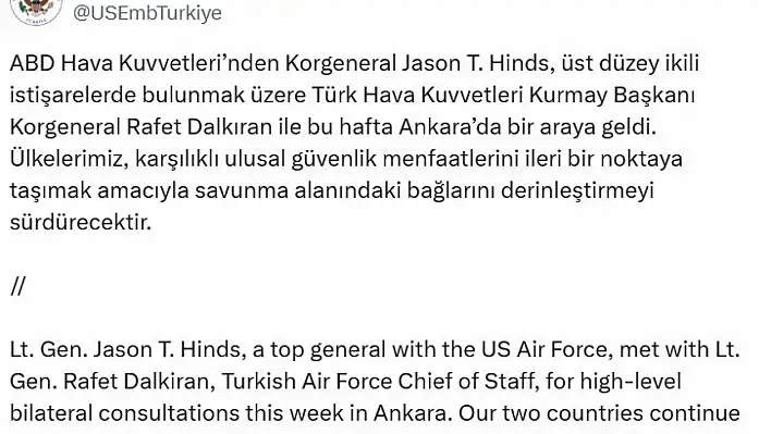 Türk Hava Kuvvetleri Kurmay Başkanı Korgeneral Dalkıran ile ABD'li Korgeneral Hinds bir araya geldi