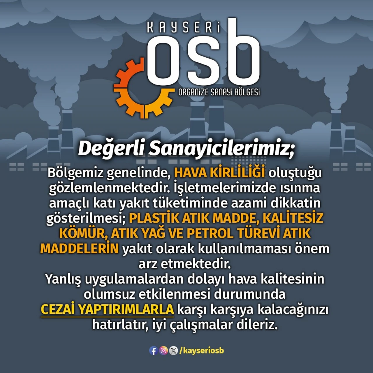 Kayseri OSB'de hava kirliliği had safhada – Yönetim de isyan ediyor!