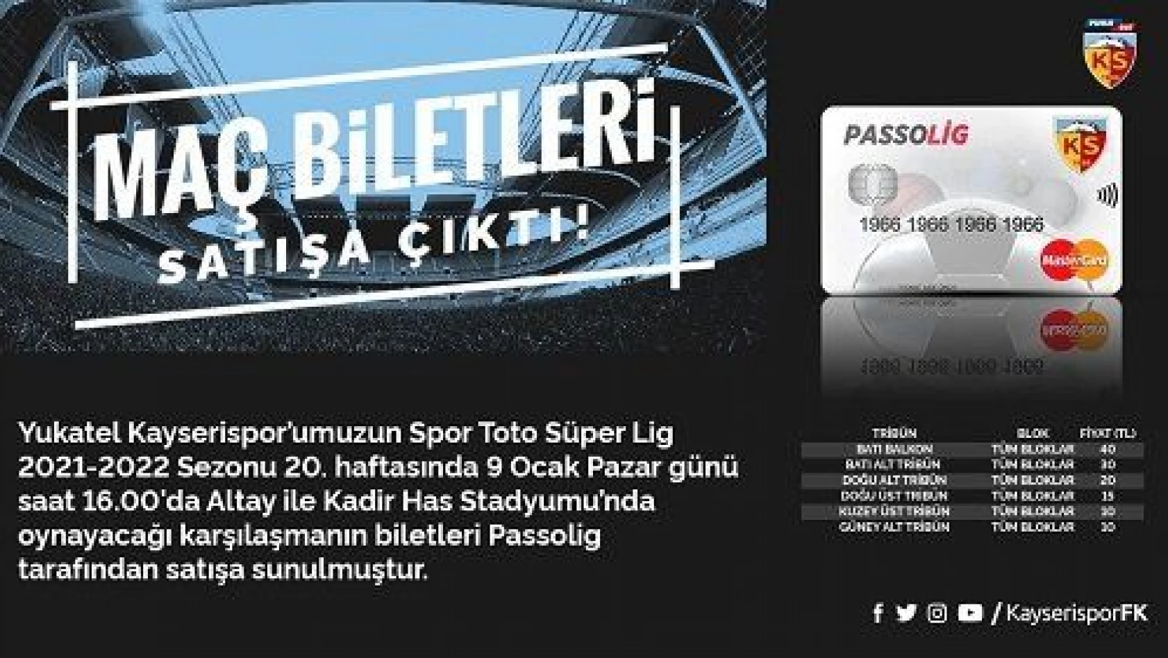 Kayserispor - Altay maçının bilet fiyatları belli oldu