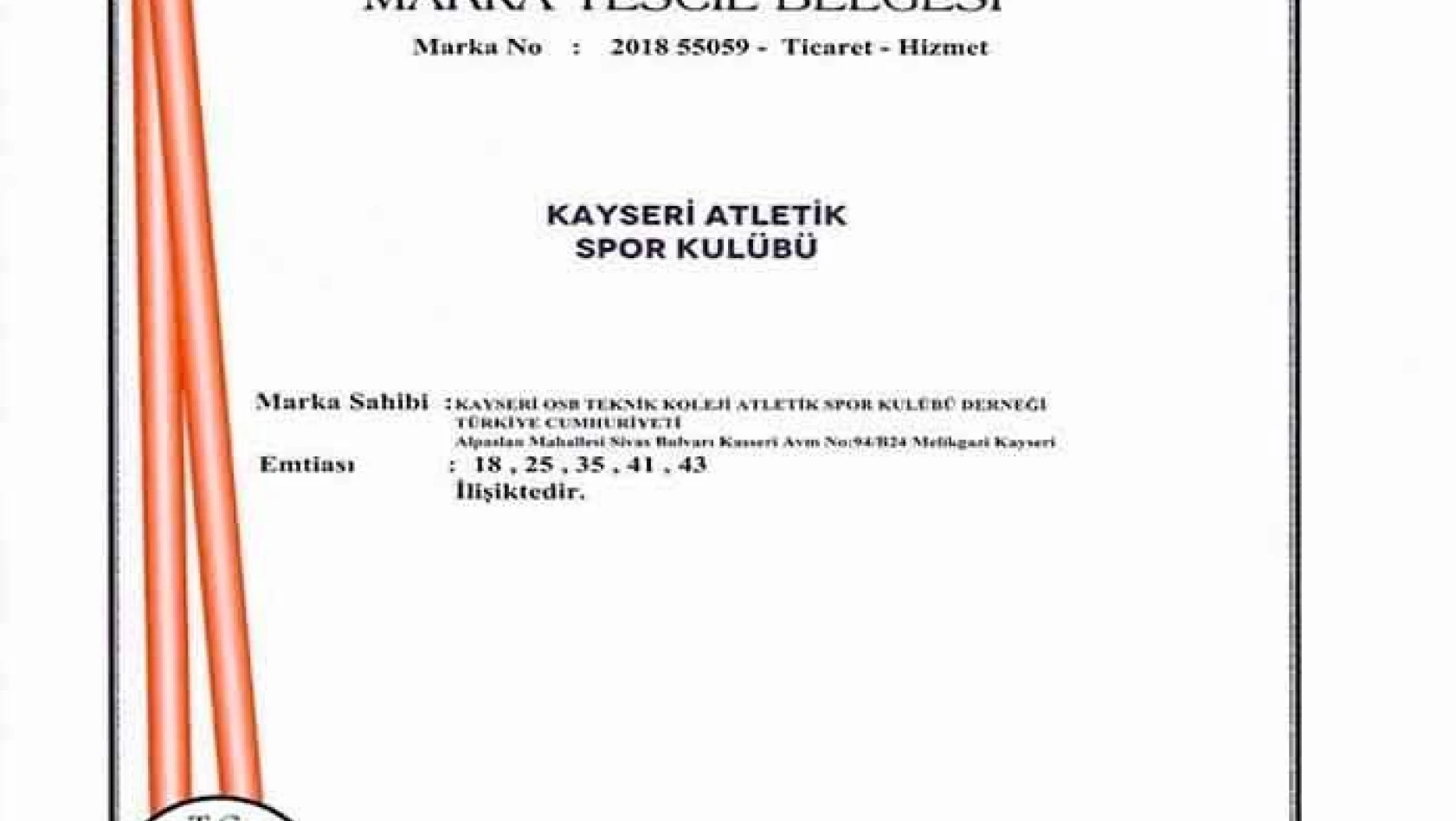 Kayseri Atletik Spor Kulübü tescillendi 