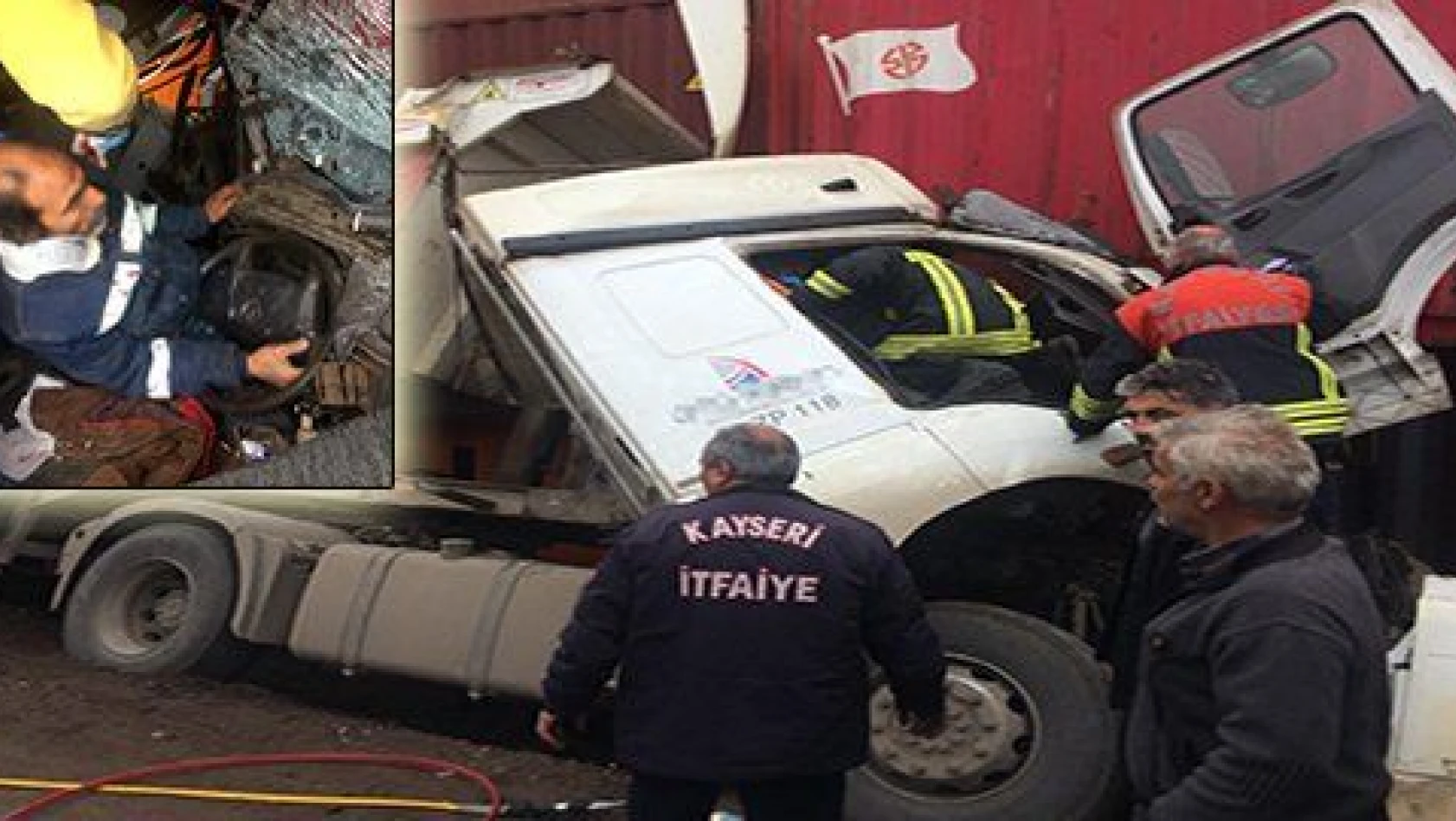 Konteynere çarpan kamyonda sıkışan sürücü yaralandı 