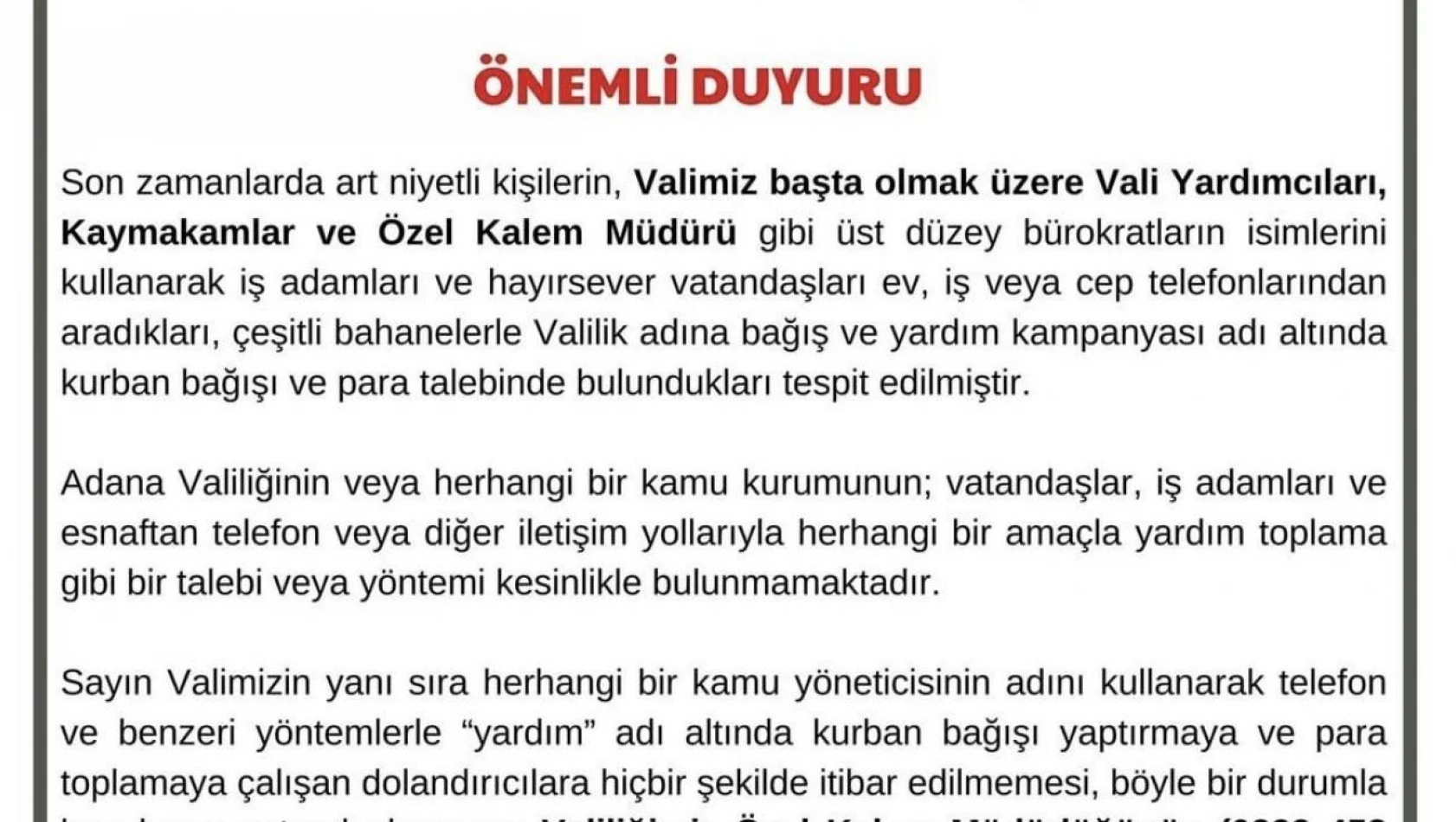 Adana Valiliği, Bayram Öncesi Vatandaşları Uyardı!