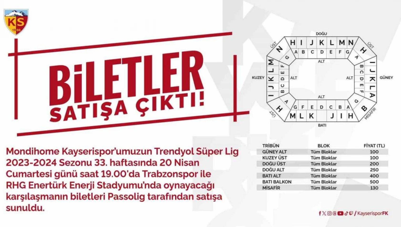 Kayserispor-Trabzonspor maçı bilet fiyatları açıklandı
