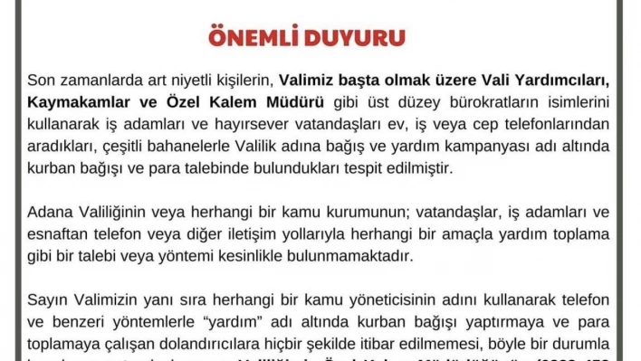 Adana Valiliği, Bayram Öncesi Vatandaşları Uyardı!