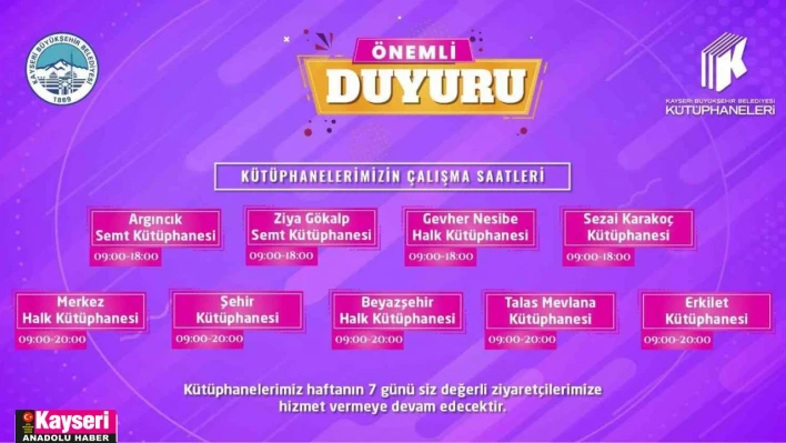 Büyükşehir Kütüphaneleri'nde yeni saat düzenlemesi