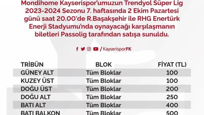 Kayserispor-Başakşehir maçı bilet fiyatları açıklandı